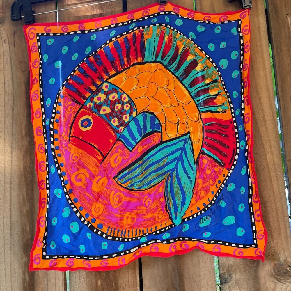 vintage 90s LAUREL BURCH FISH 100% silk Scarf 19" x 19"